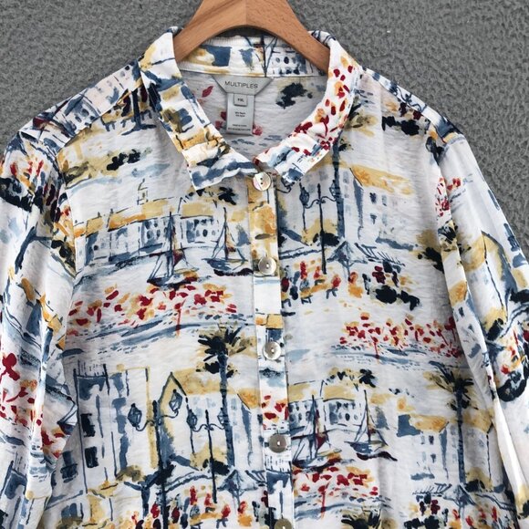 Multiples Shirt Womens Extra Large Petite Watercolor Boats Resort Wired Collar - Picture 2 of 9